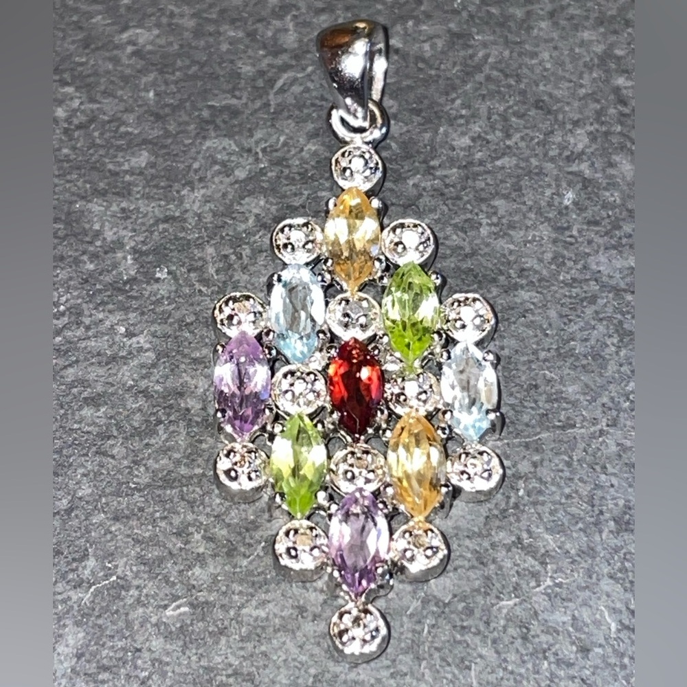 Vintage Fine Art Sterling Silver (925 FAS) Multi-Gemstone Geometric Pendant 1.5”